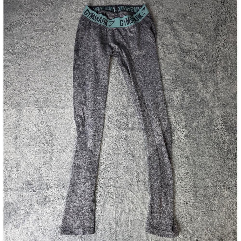 Gymshark Womens Medium Flex Leggings Grey Teal Logo Waistband Marl Activewear